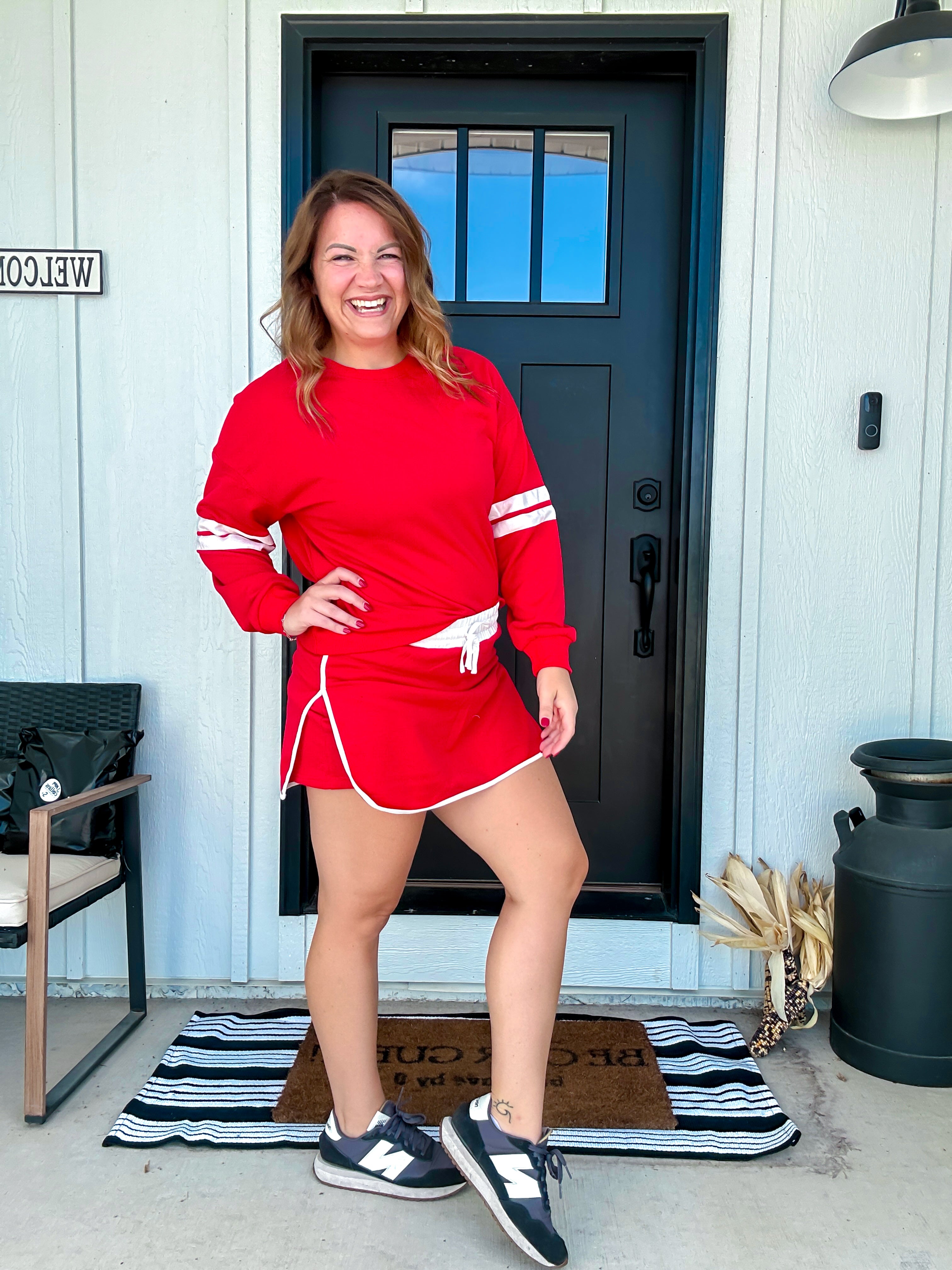 Varsity Stripe Detail Drop Shoulder Pullover Mini Skirt Set